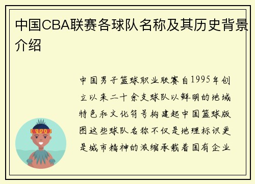 中国CBA联赛各球队名称及其历史背景介绍
